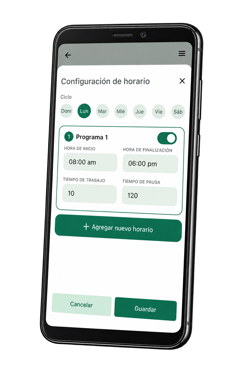 Configuración de horarios y tiempos de trabajo y pausa de Magic Air desde la app móvil